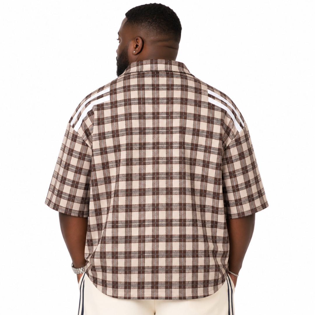 Brown Plaid  Oversized Button Up Shirt with Graphic Lettering