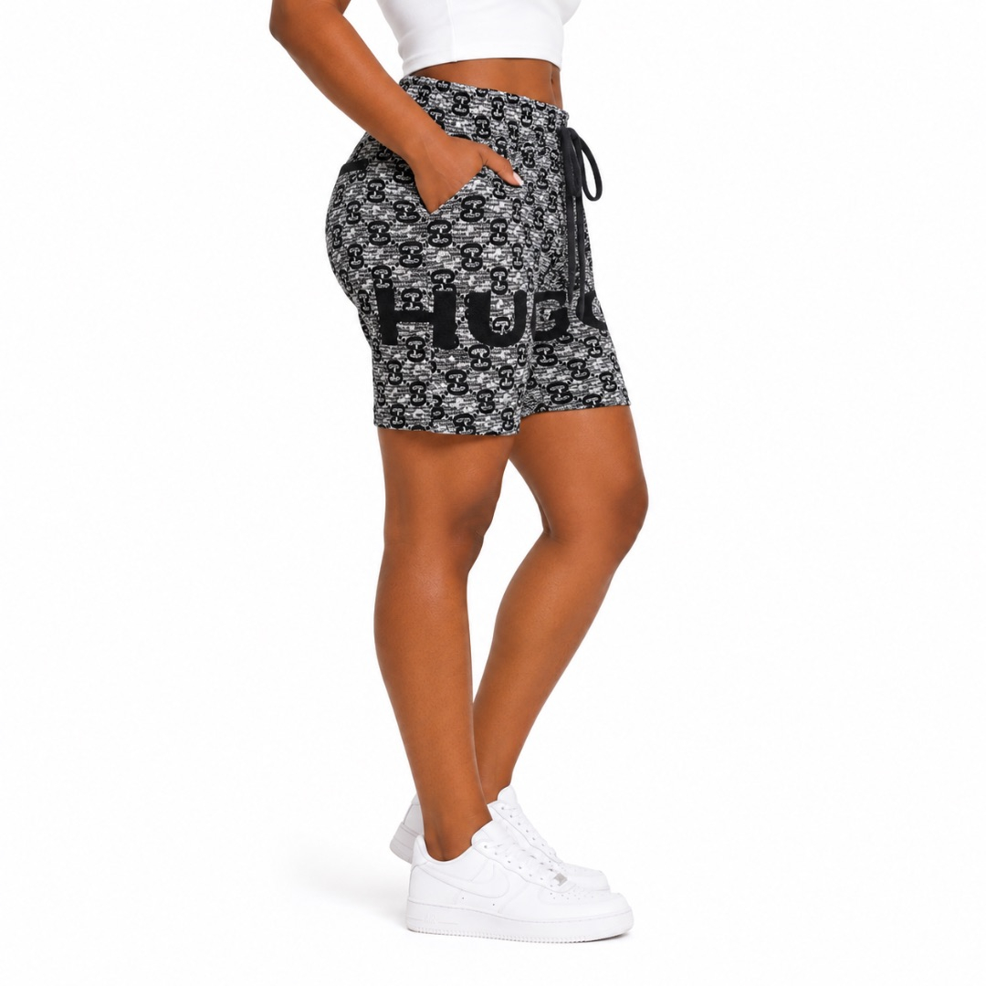 Womens Black and Grey Printed Drawstring Lounge Shorts