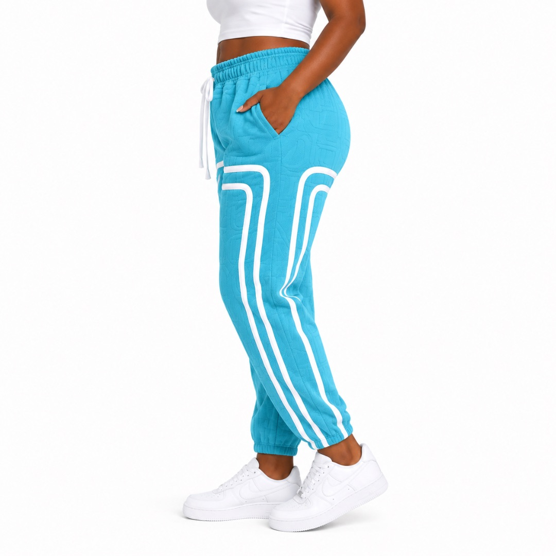 Womens Sky Blue Textured Drawstring Lounge Pants with Contrast Trim
