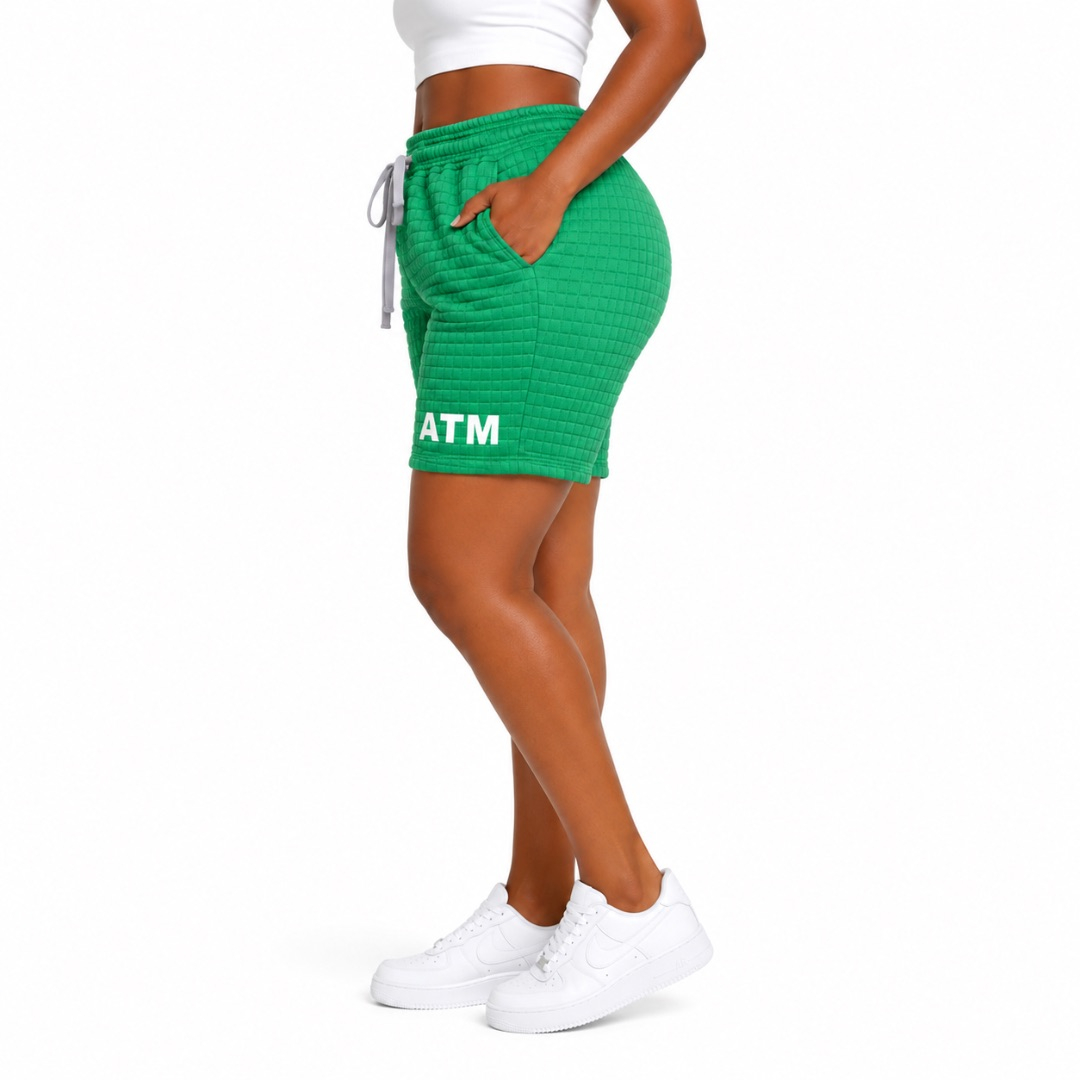 Womens Green Textured Drawstring Biker Shorts
