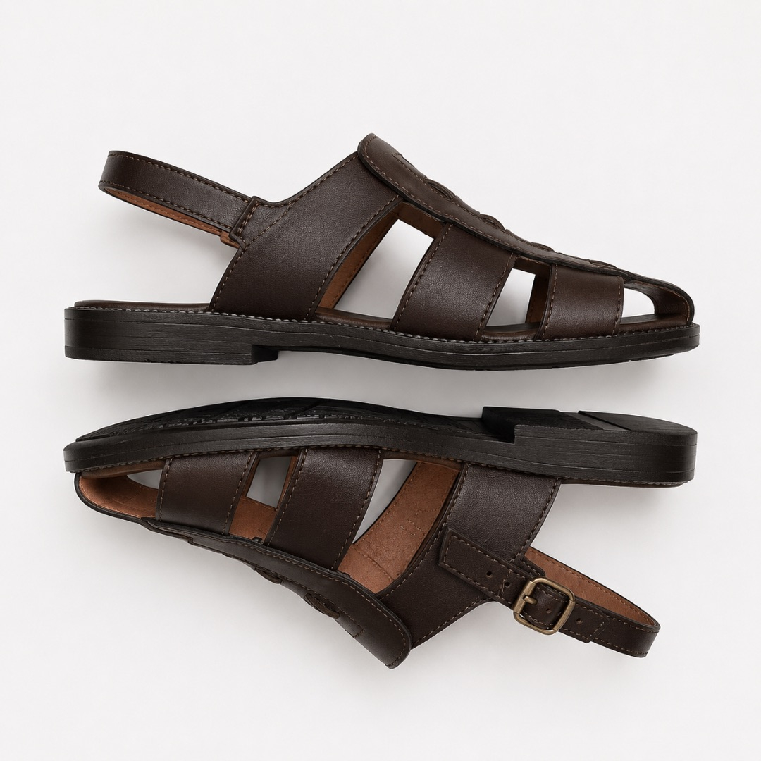 Men Brown Leather Woven Fisherman Sandals with Ankle Strap