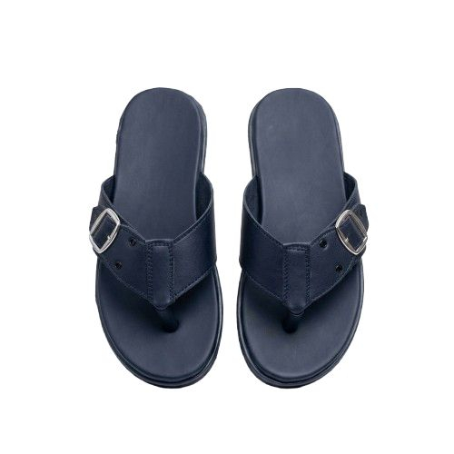 Navy Blue Thong Sandals with Adjustable Silver Buckle
