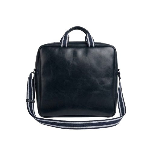 Black Faux Leather Laptop Briefcase with Striped Webbing Straps