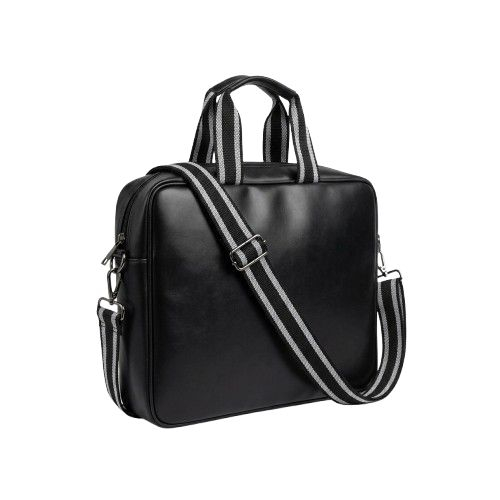 Black Faux Leather Laptop Briefcase with Striped Webbing Straps