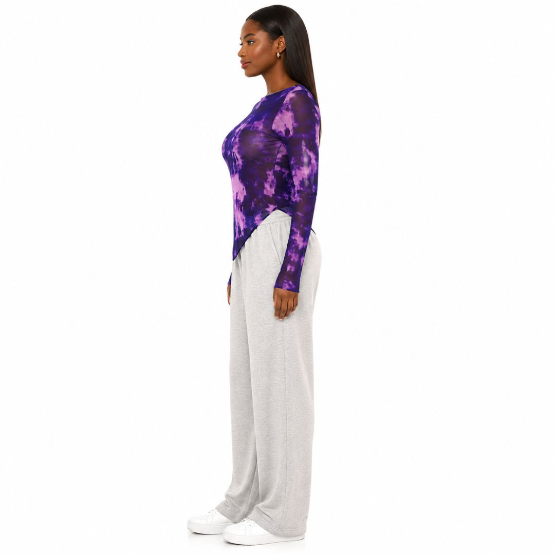 Womens Long Sleeve Purple Tie Dye Mesh Bodysuit