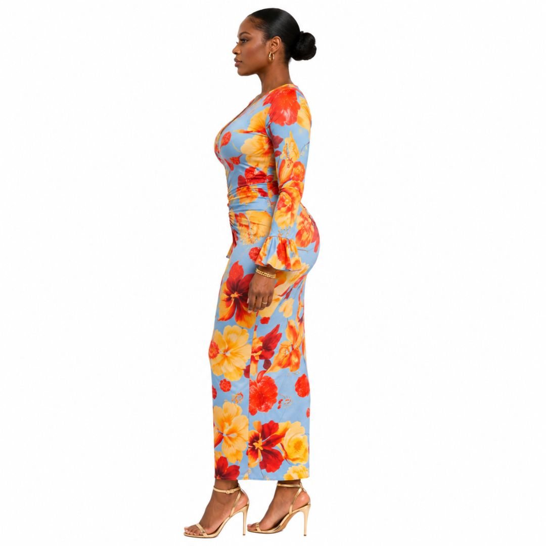 Long Sleeve Floral Ruched Maxi Dress