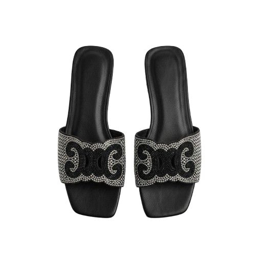 Ornate Crystal Scroll Flat Slides with Scalloped Strap