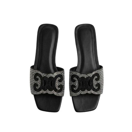 Ornate Crystal Scroll Flat Slides with Scalloped Strap
