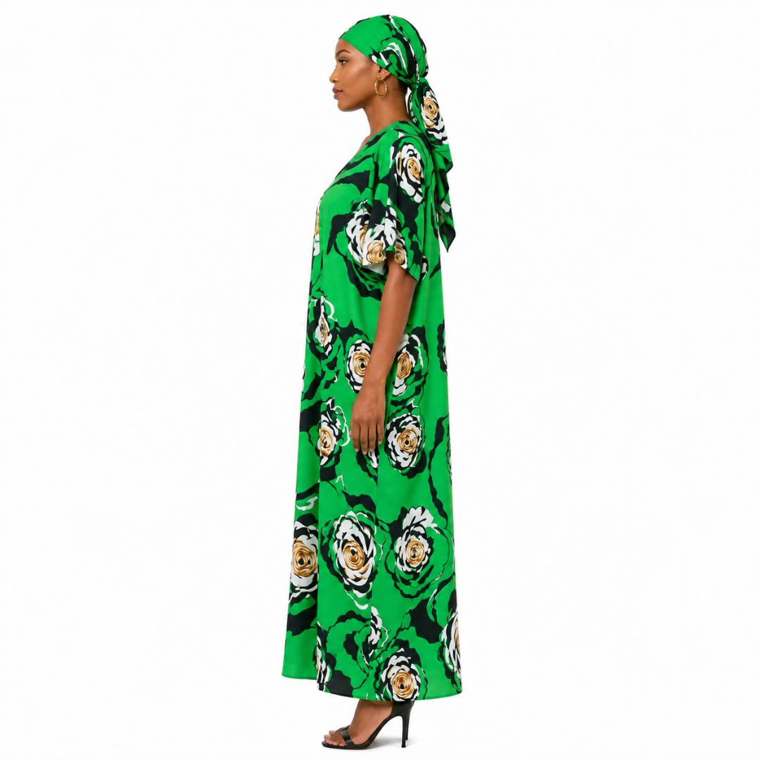 Green Floral Short Sleeve V Neck Dress