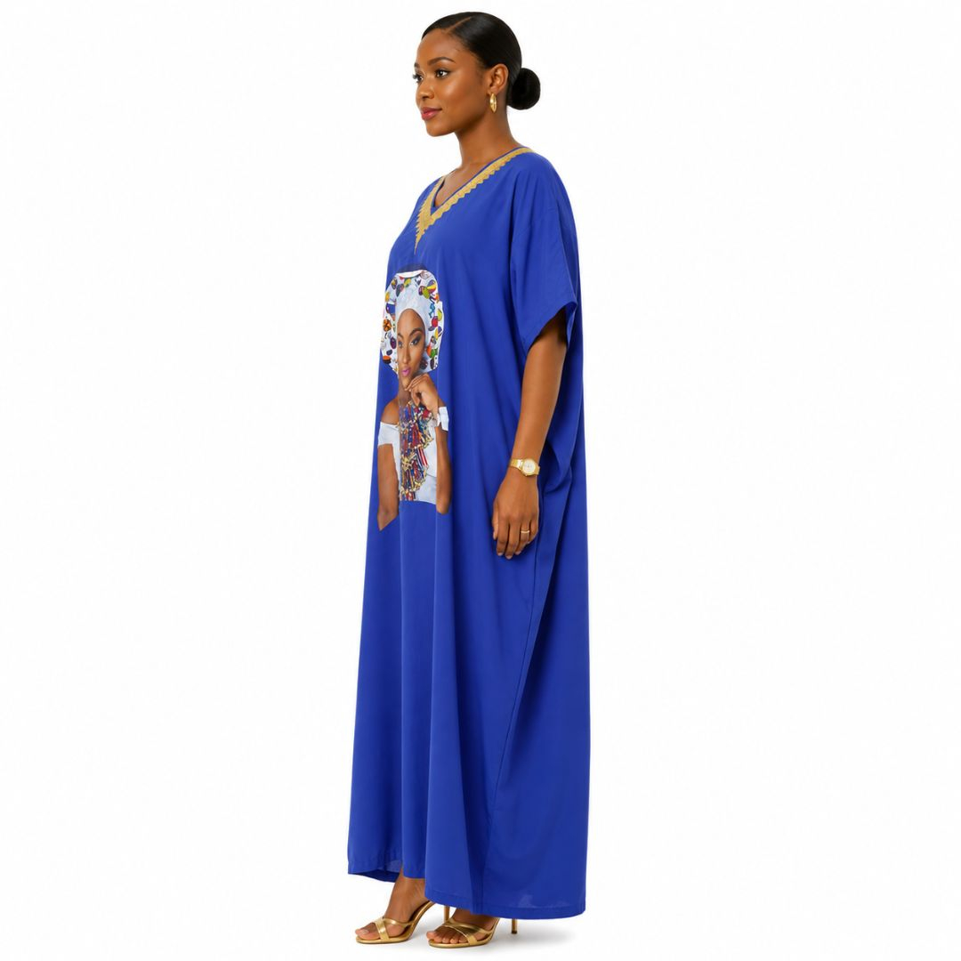 Printed Kaftan Dress with Decorative V Neck Trim