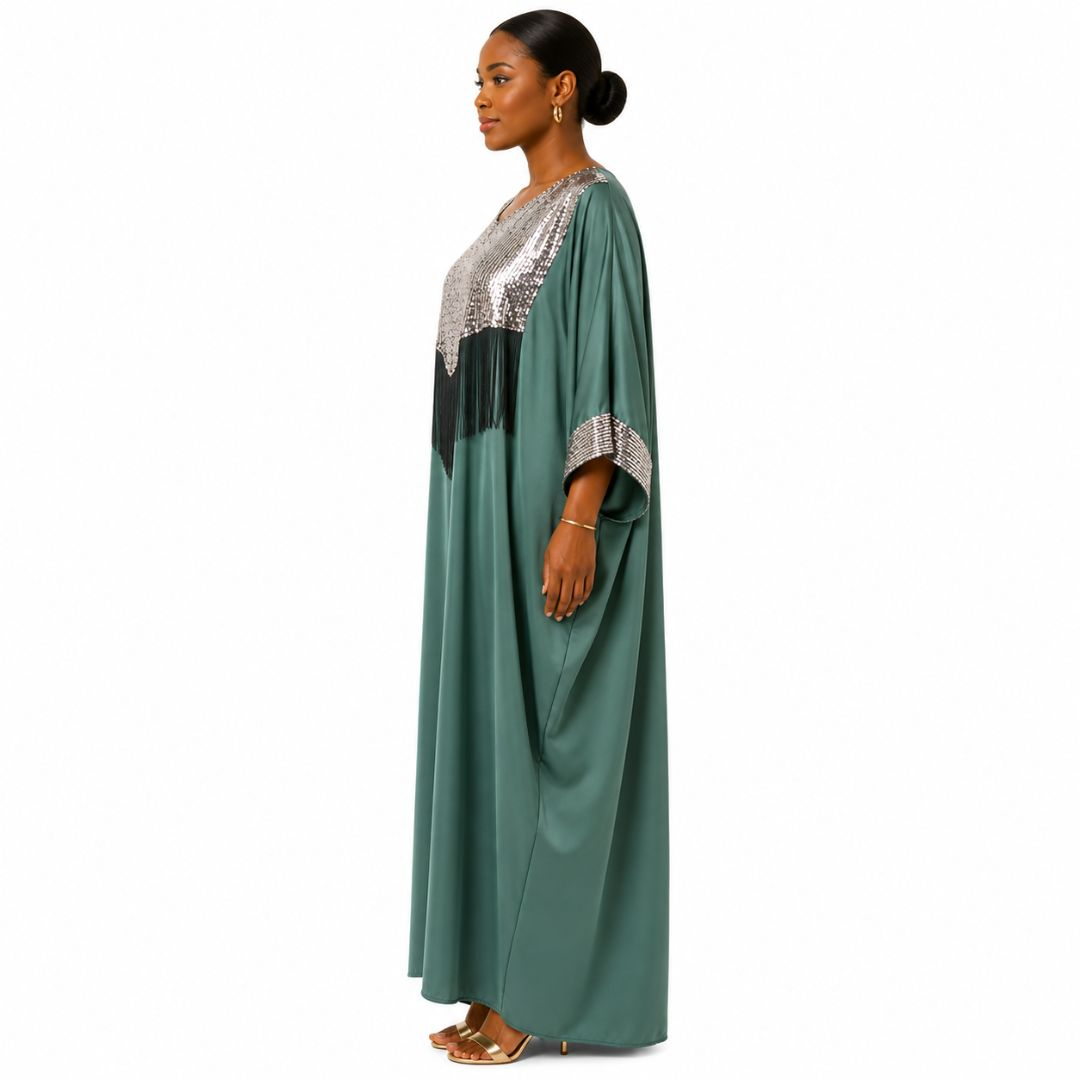 Embellished Loose Fit Long Dress with Fringe Detail