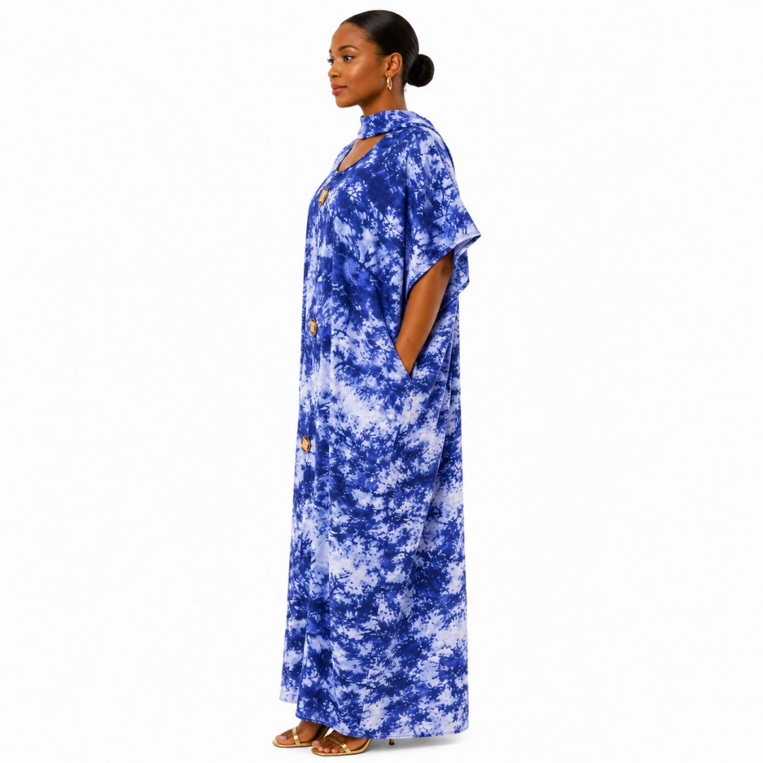 Blue Abstract Print Loose Fit Maxi Dress