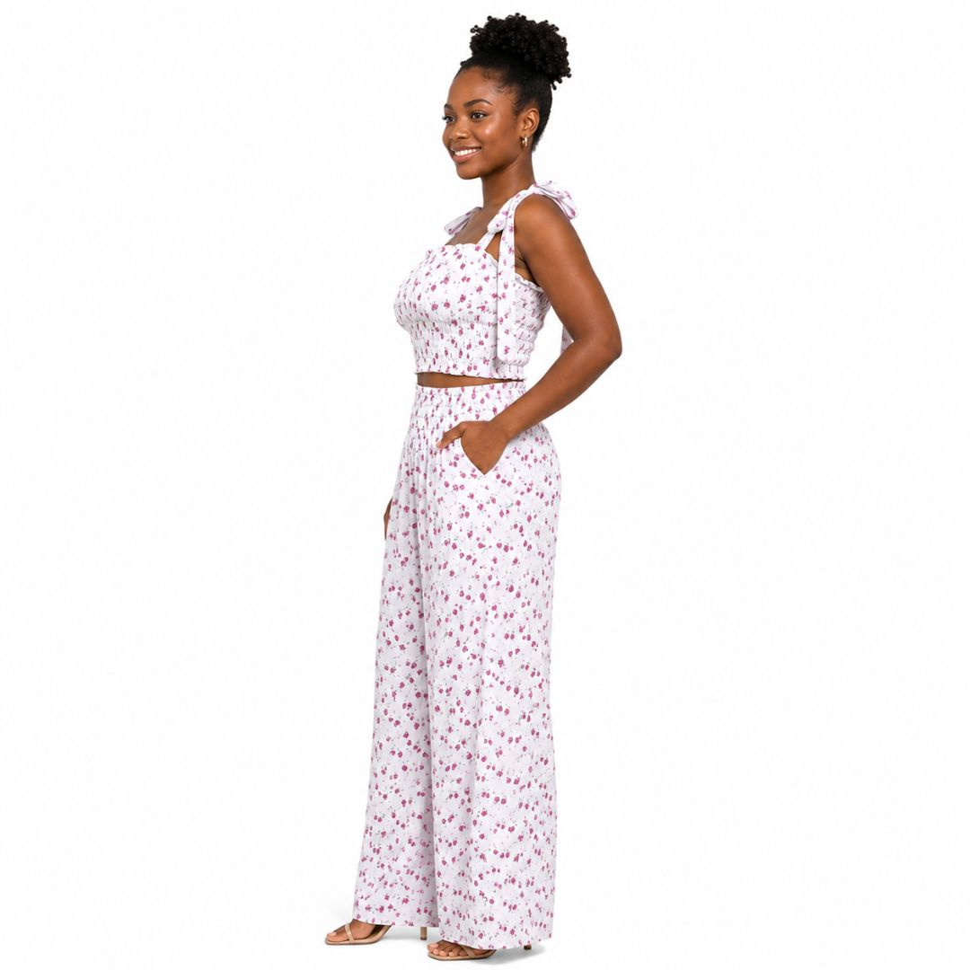 Womens Floral Smocked Crop Top and Wide Leg Trouser Set