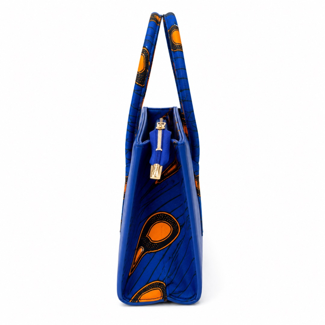 Womens Blue Ankara Print Structured Tote Bag