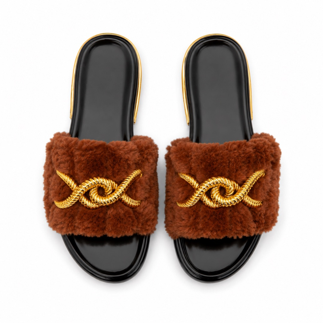 Luxury Brown Fur Chain Flat Slide Sandals