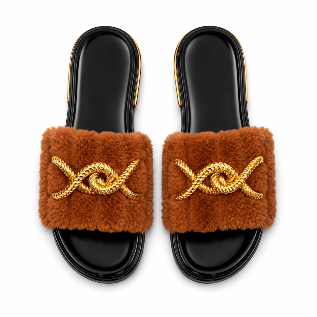 Luxury Camel Fur Chain   Flat Slide Sandals