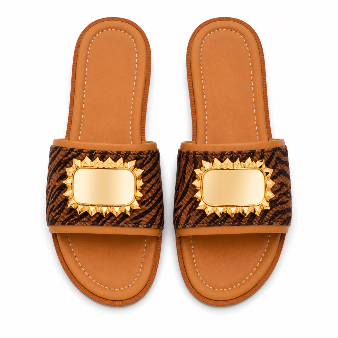 Luxury Brown Animal Print Gold Ornament  Flat Slide Sandals