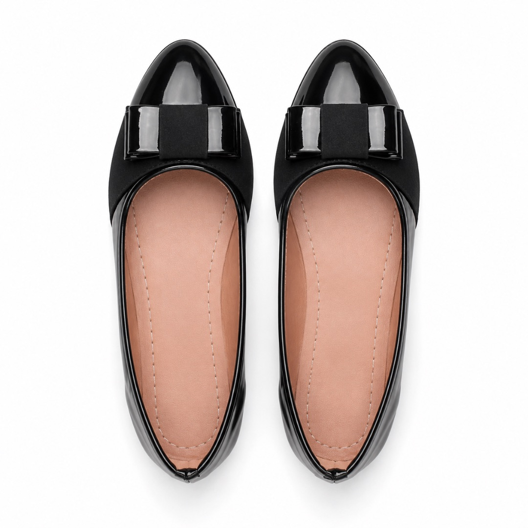 Womens Black Patent Ballet Flats  with Bow Detail