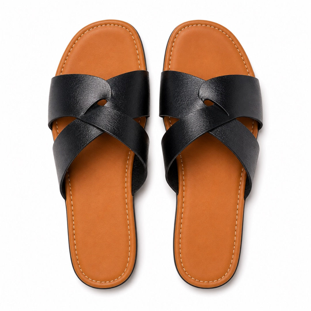 Luxury Black Cross Strap Flat Slide Sandals for Women