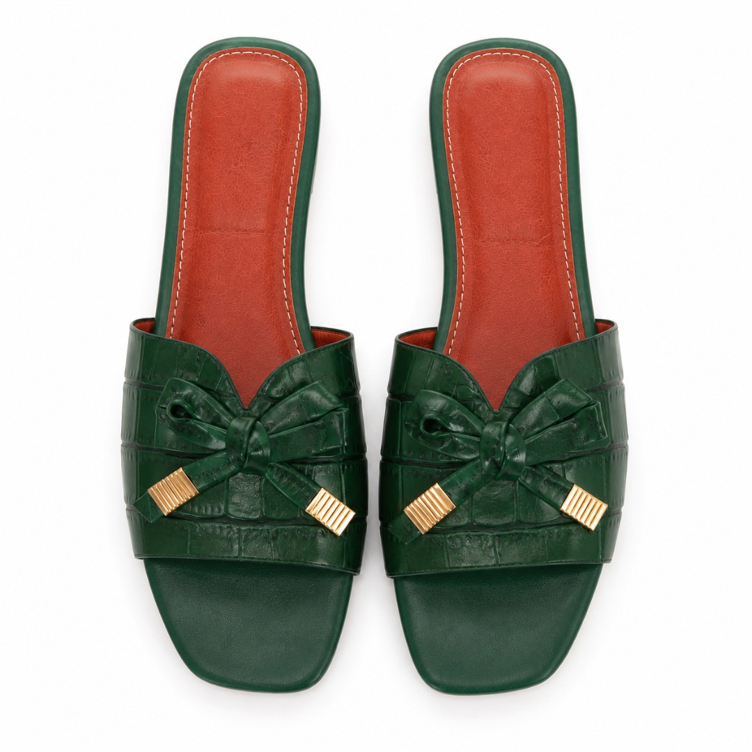 Luxury Green Croc Texture Bow Slide Sandals  for Women