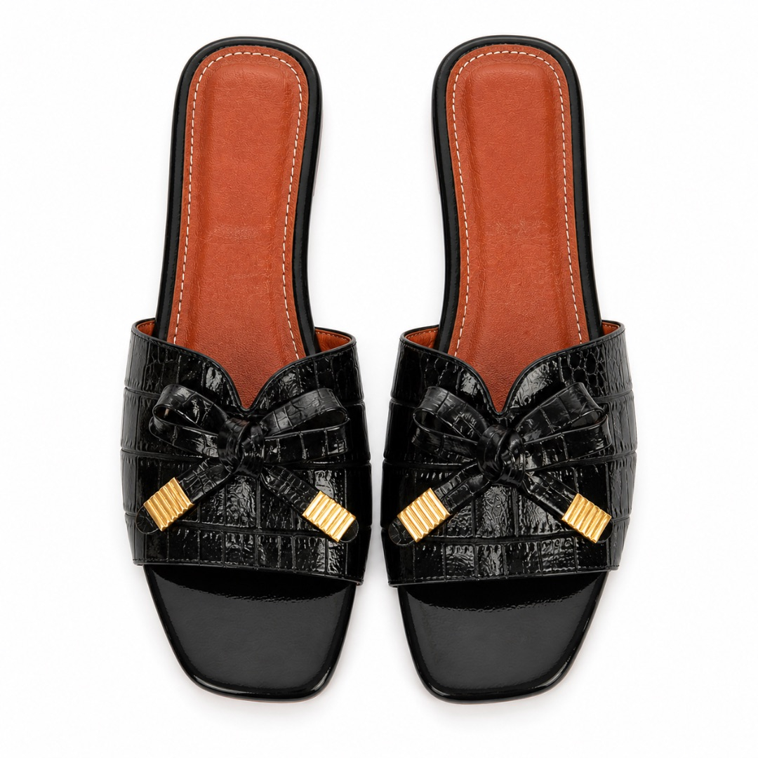 Luxury Black Croc Texture Bow Slide Sandals  for Women