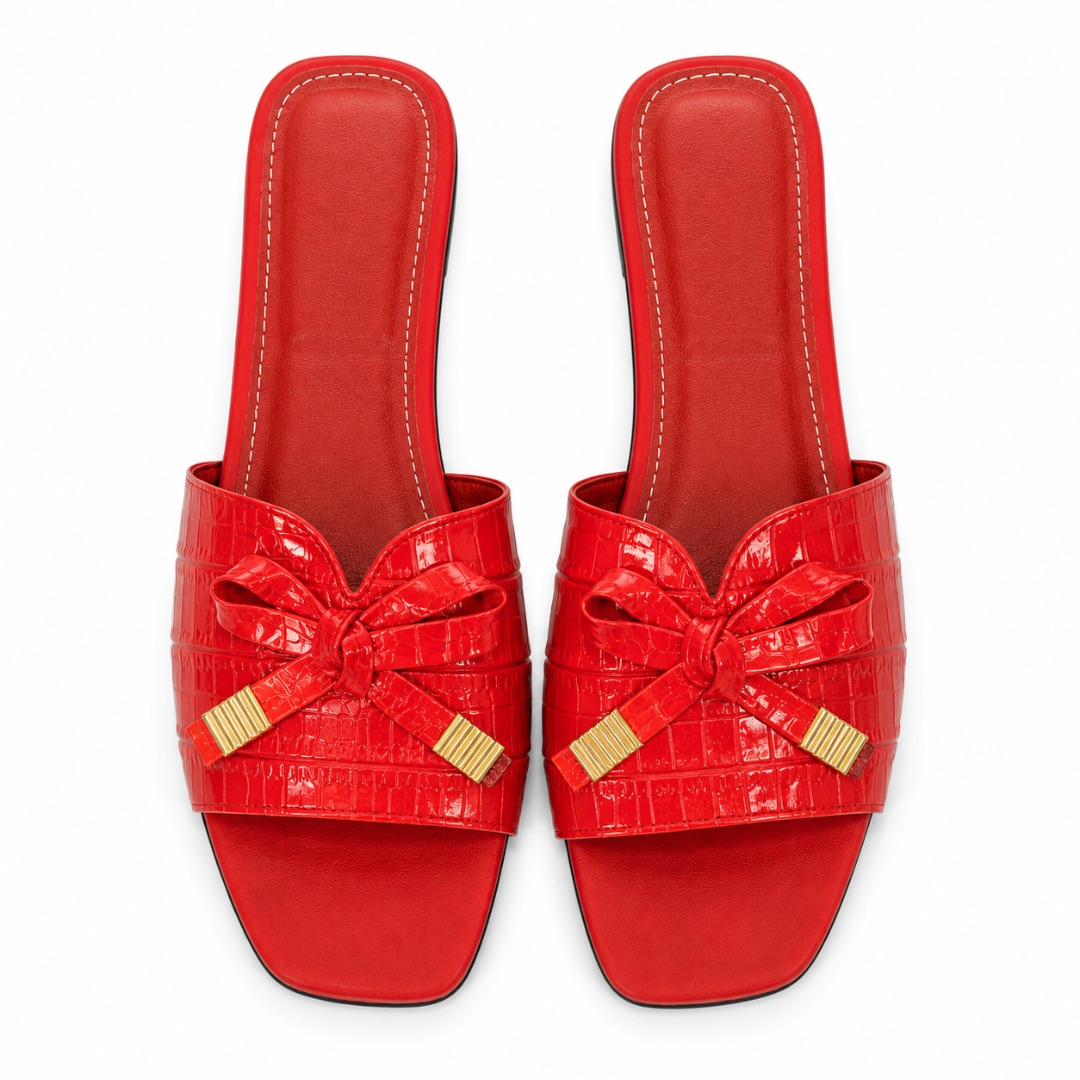 Luxury Red Croc Texture Bow Slide Sandals  for Women