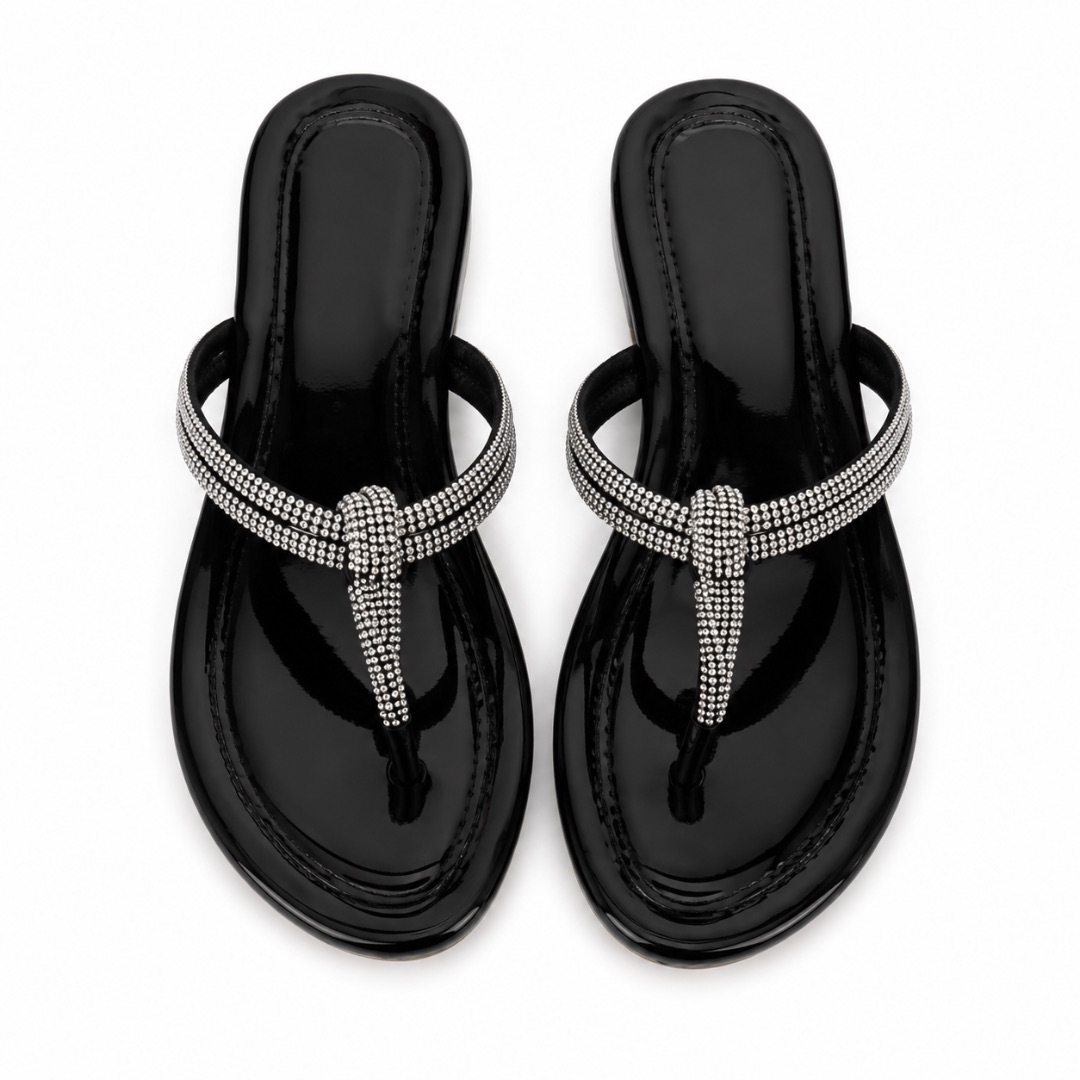 Luxury Black Crystal Rhinestone Flip Flop Sandals  for Women