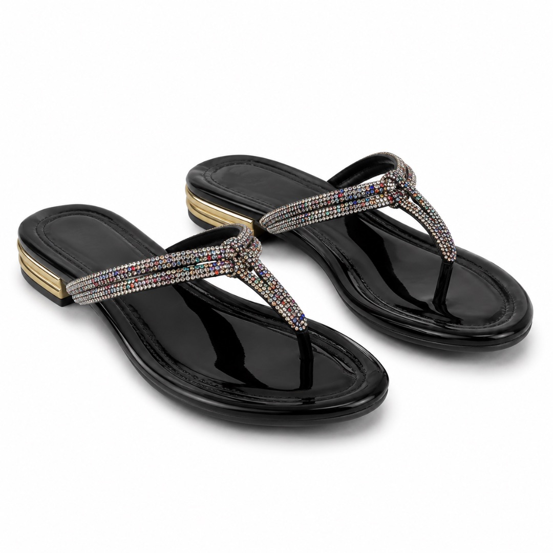 Luxury Black Multicolor Rhinestone Flip Flop Sandals  for Women