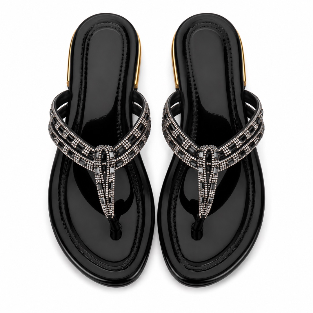 Luxury Black Rhinestone Flat Flip Flop Sandals  for Women