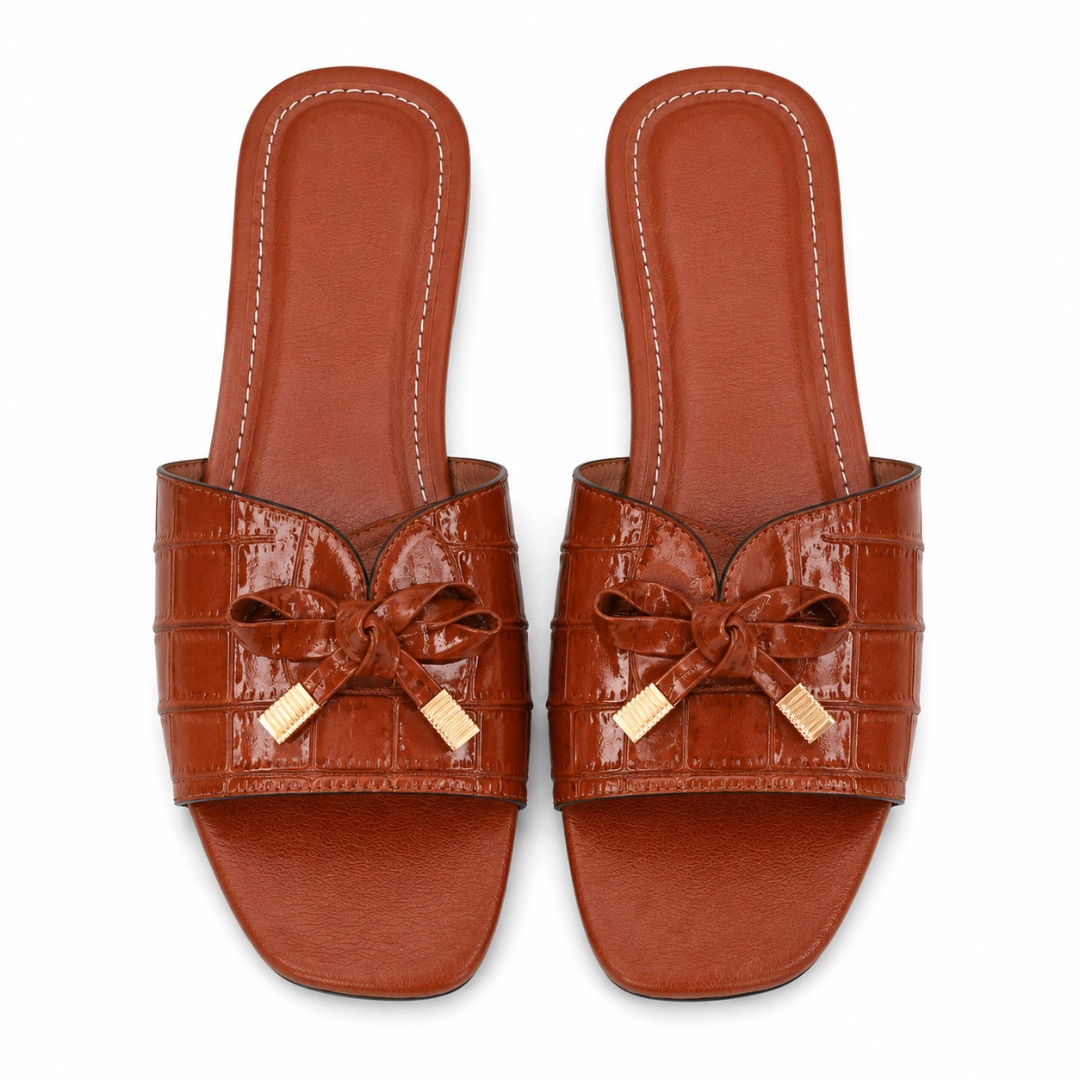 Luxury Brown Croc Texture Bow Slide Sandals  for Women