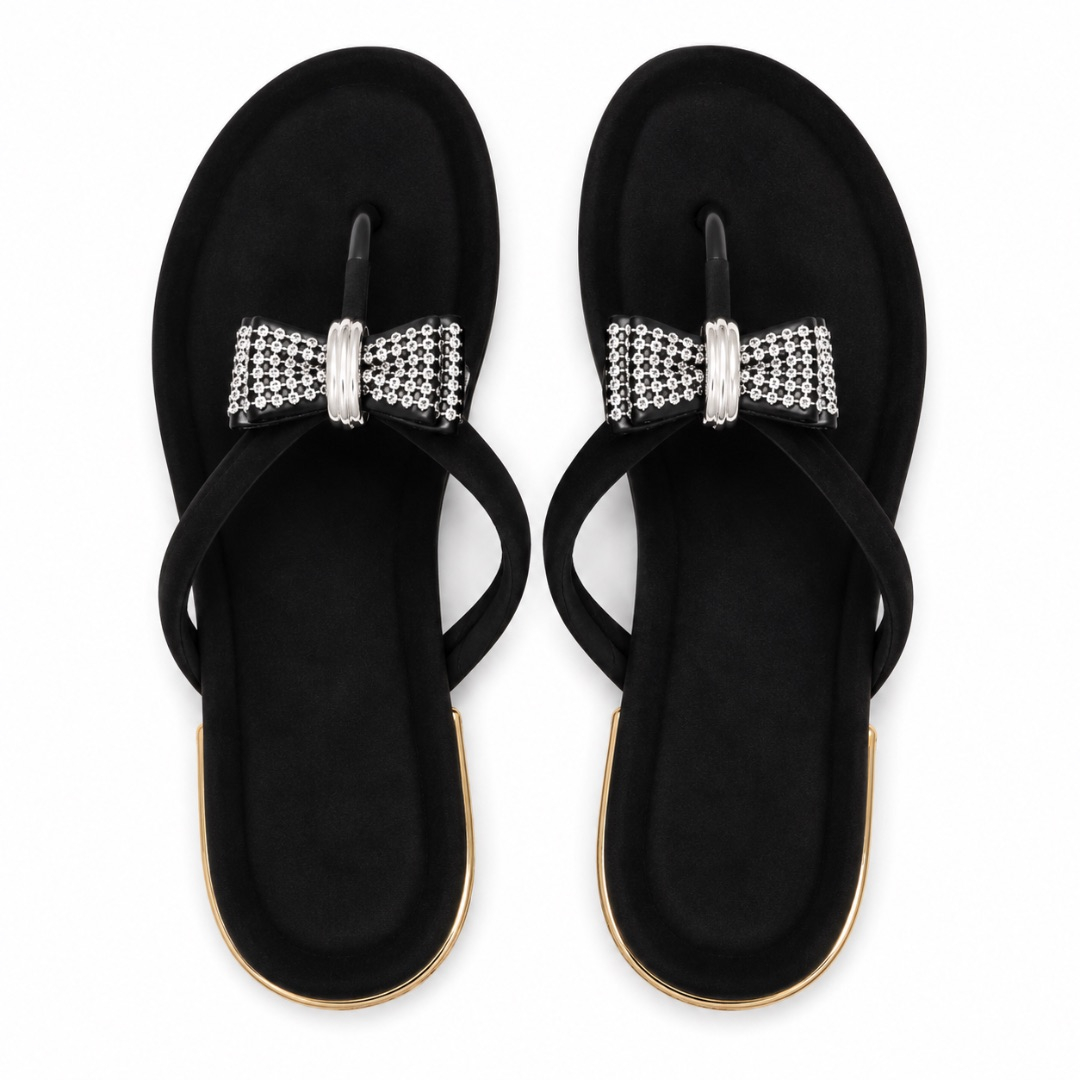 Luxury Black Bow Rhinestone Flip Flop Sandals  for Women