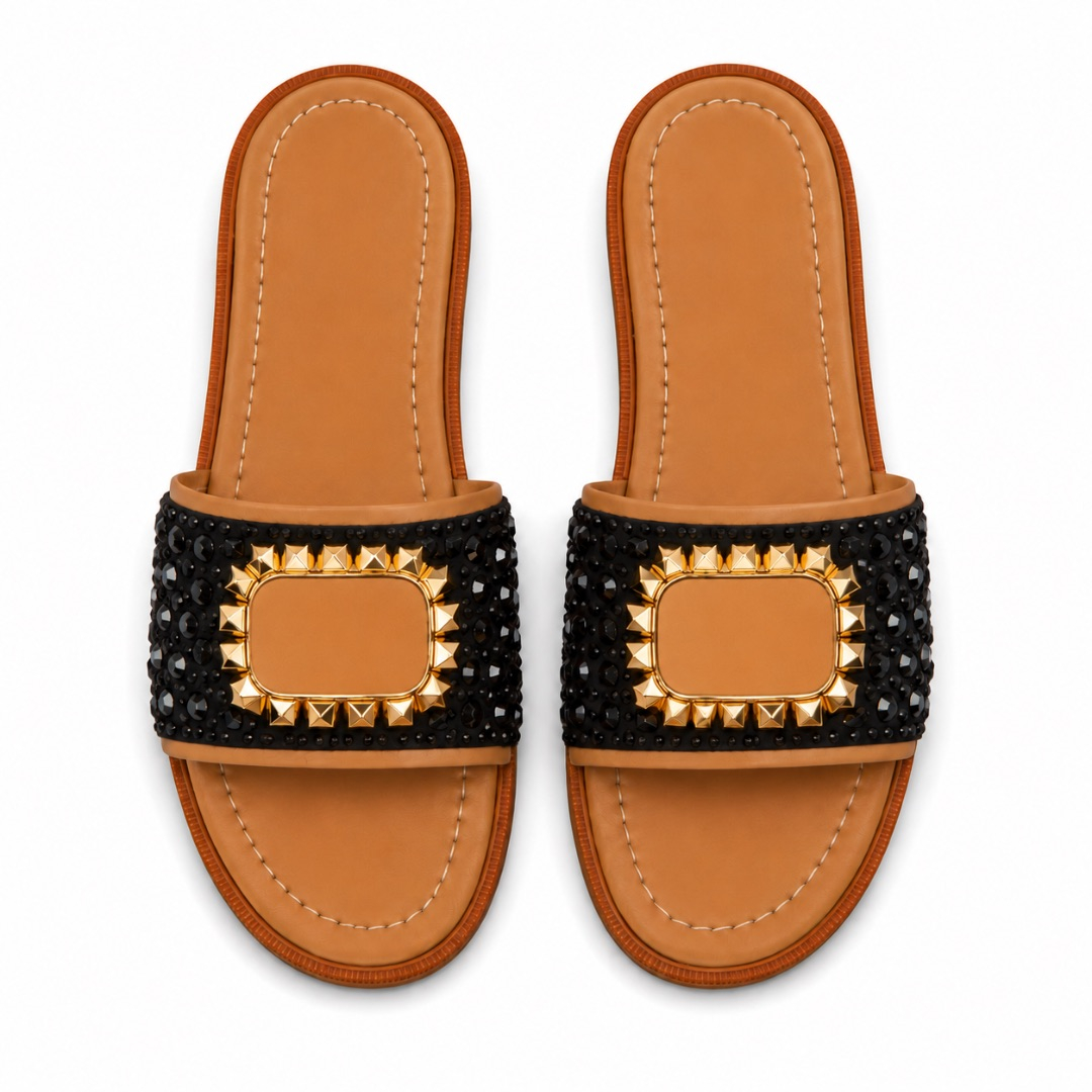 Luxury Black Rhinestone Gold Buckle  Flat Slide Sandals