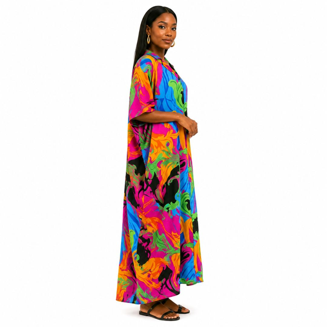 Womens Multicolor Abstract Print Loose Fit Kaftan Dress