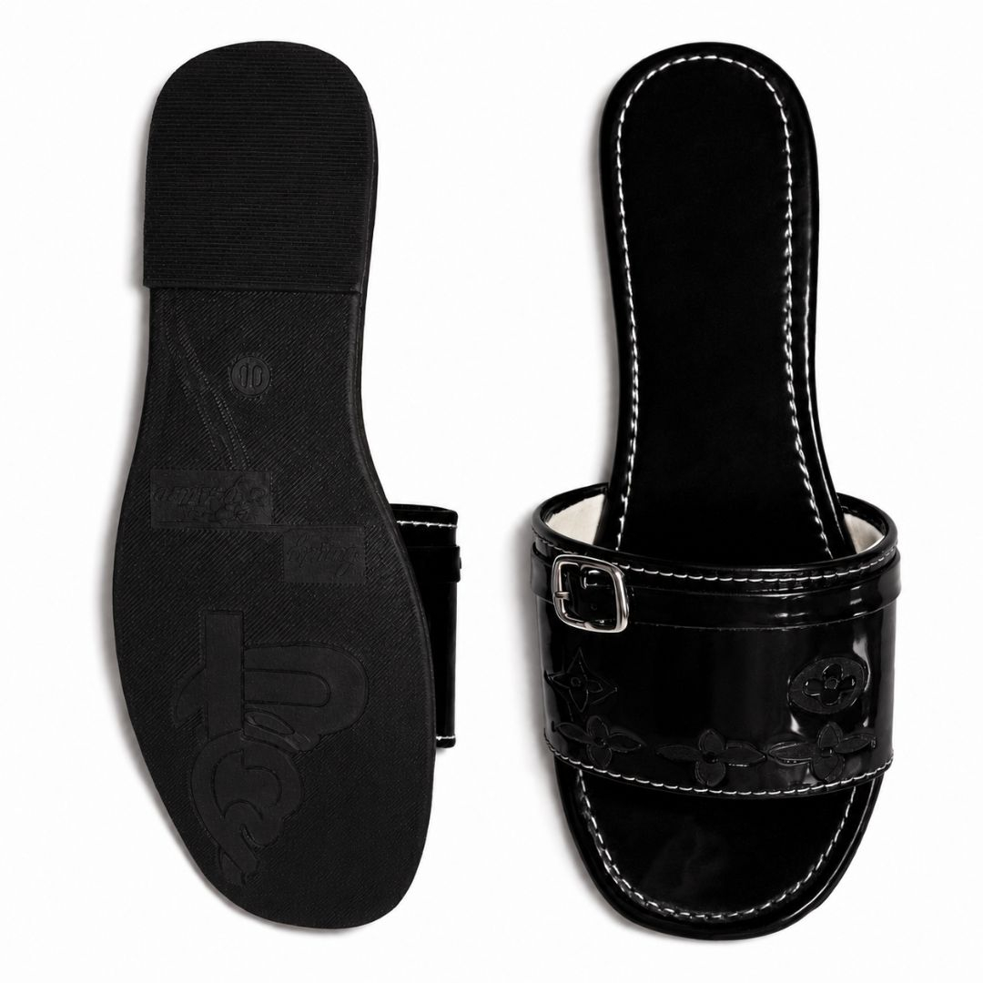 Womens Glossy Strap Flat Slide Sandals