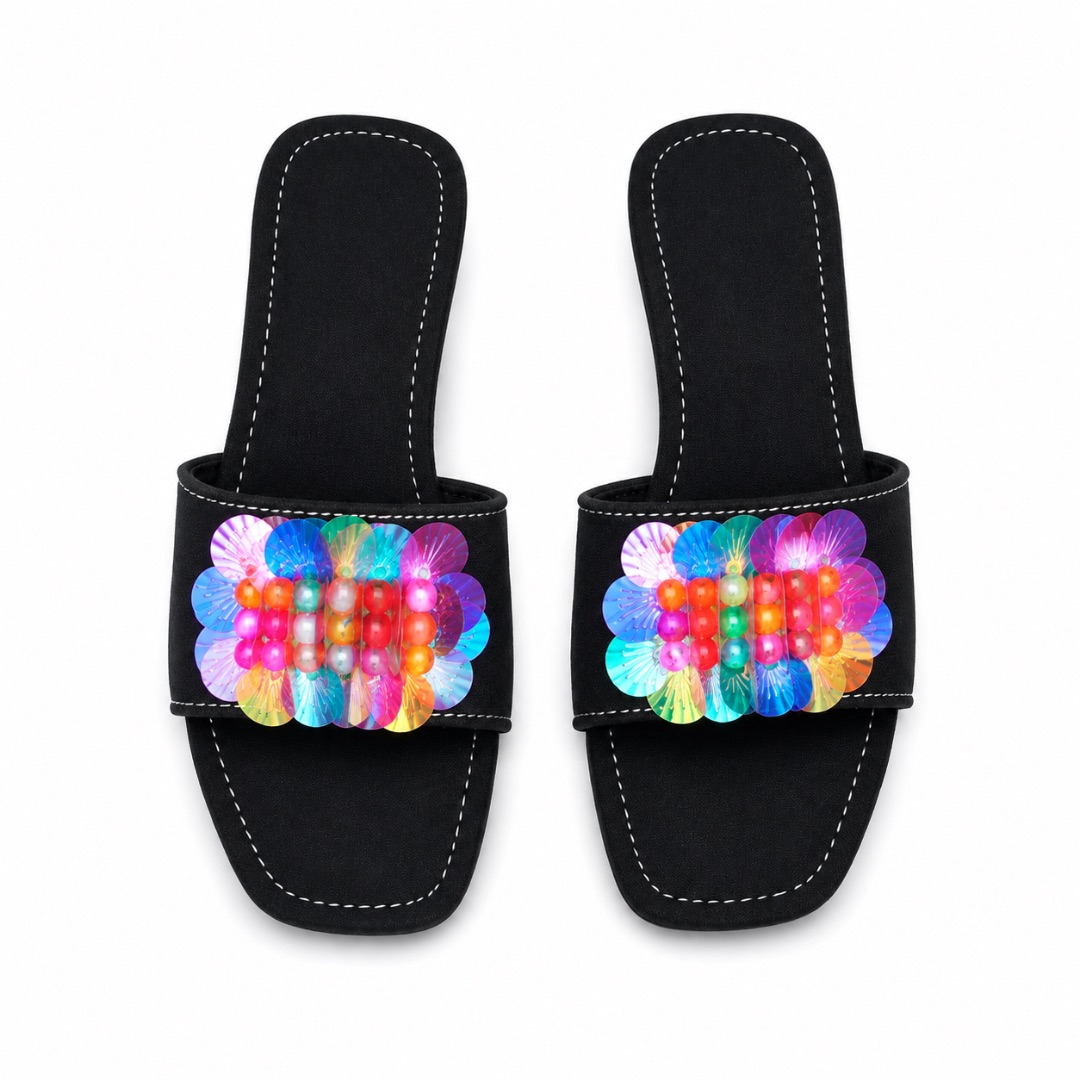 Luxury Black Multicolor Floral Beaded Low Heel Slide Sandals   for Women