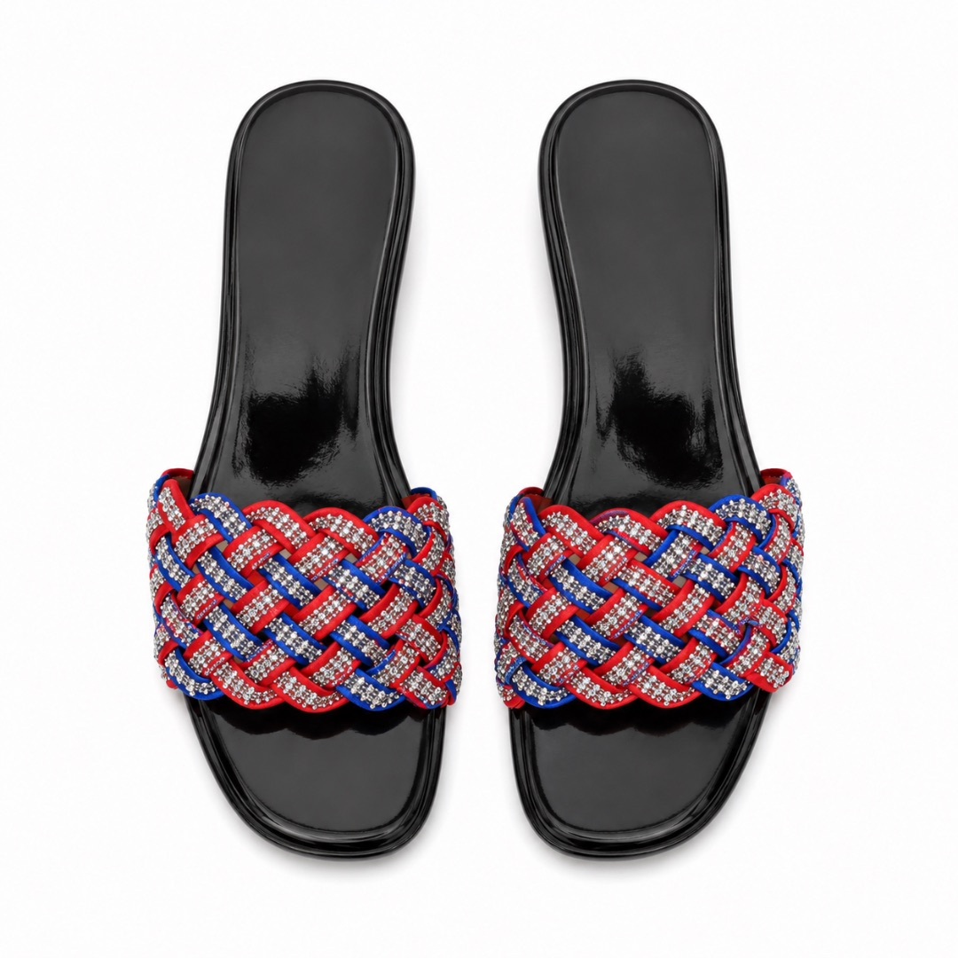 Luxury Red and Blue Rhinestone Woven Low Heel Slide Sandals   for Women