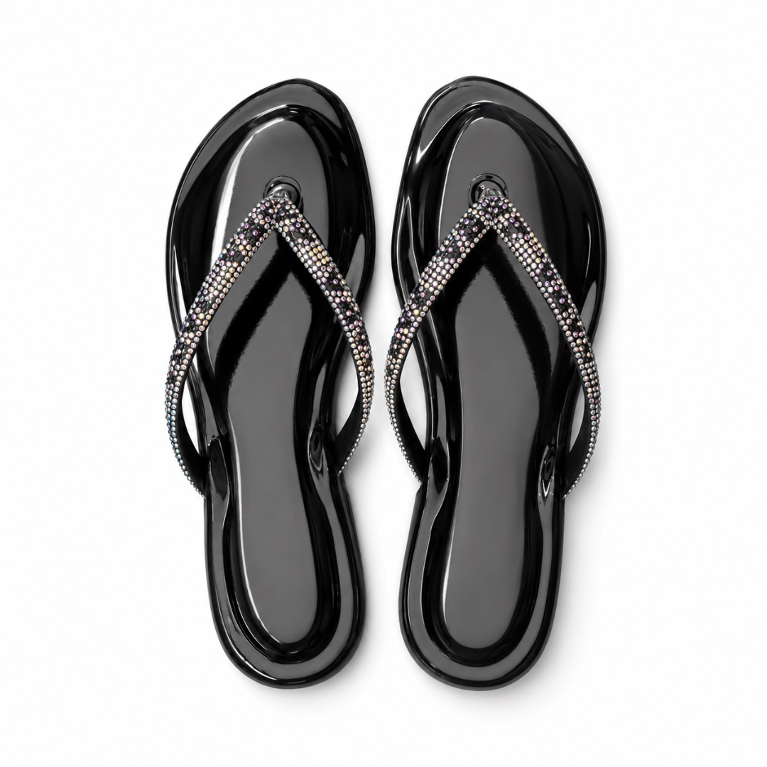 Luxury Black Rhinestone Strap Flat Flip Flop Sandals  for Women
