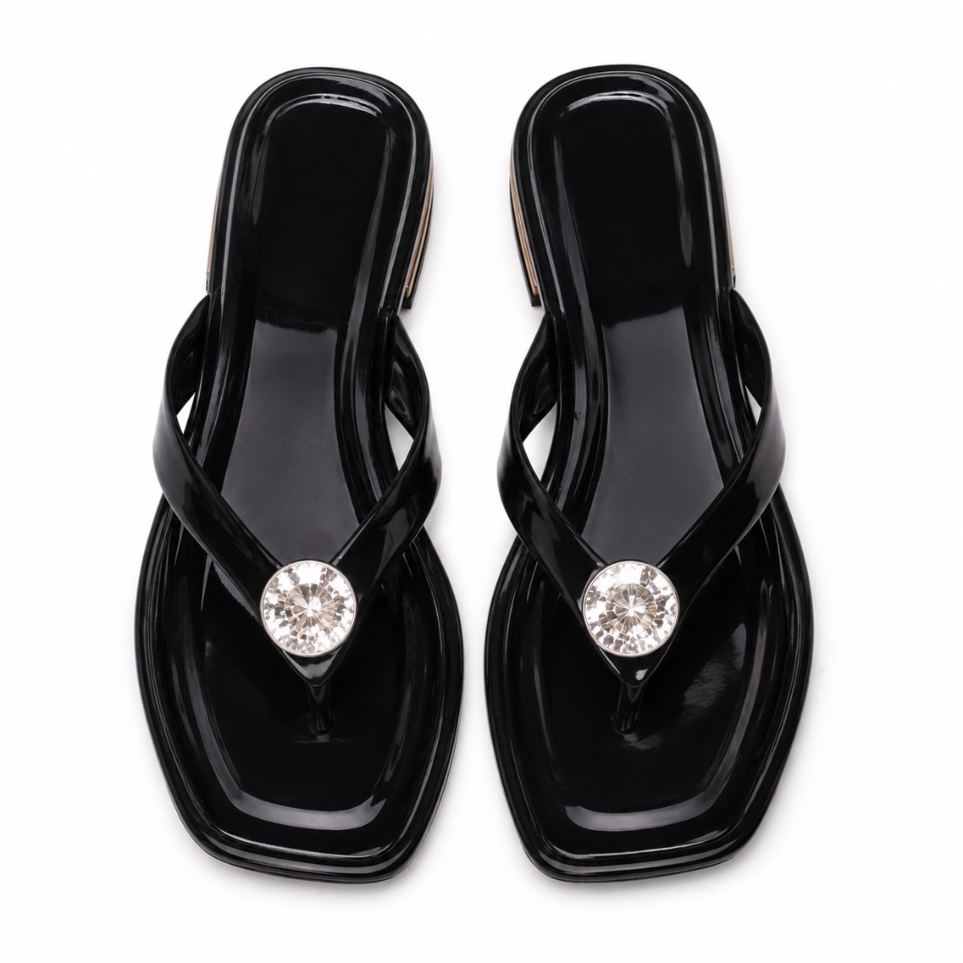Luxury Black Crystal Accent Flat Flip Flop Sandals   for Women