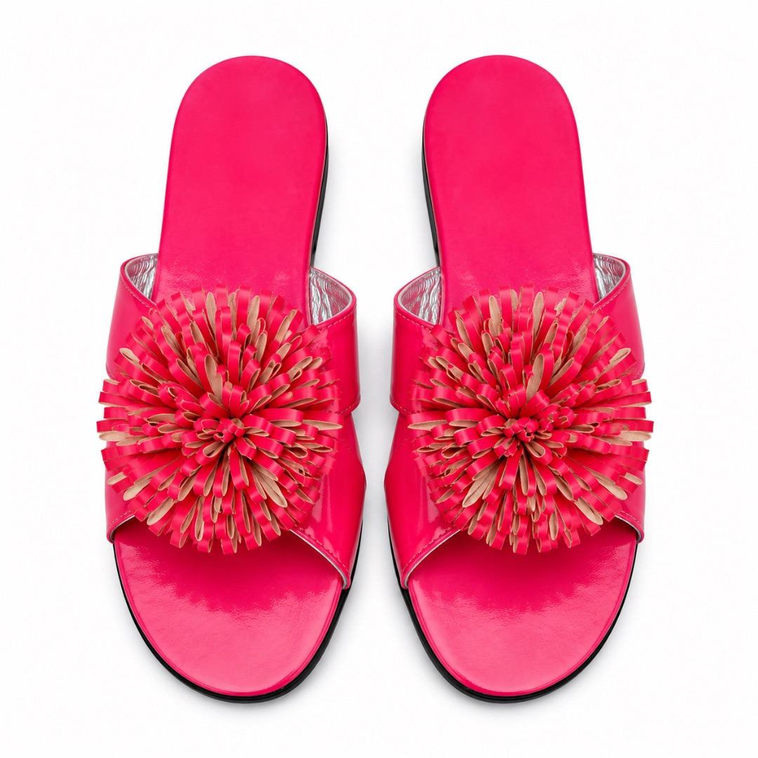 Luxury Hot Pink Floral Flat Slide Sandals   for Women