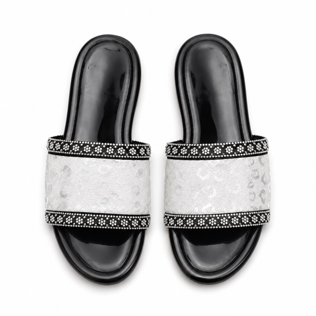 Luxury Silver Leopard Print Rhinestone Flat Slide Sandals   for Women