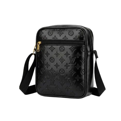 Compact Black Crossbody Shoulder Bag with Embossed Pattern