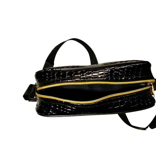Compact Black Crocodile Textured Sling Bag with Gold Accents