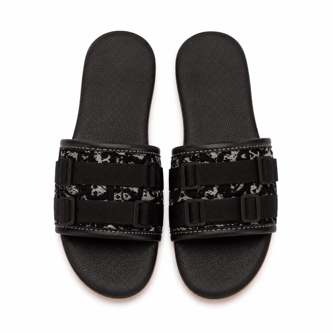 Luxury Black Patterned Double Strap Flat Slide Sandals   for Women