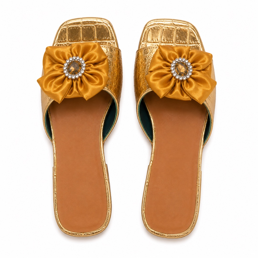 Luxury Gold Satin Bow Flat Slide Sandals   for Women