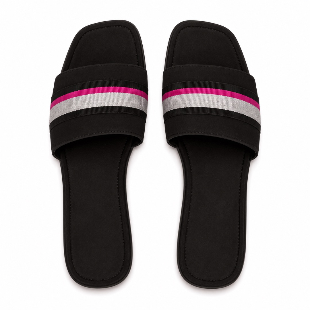 Luxury Black Stripe Detail Flat Slide Sandals   for Women