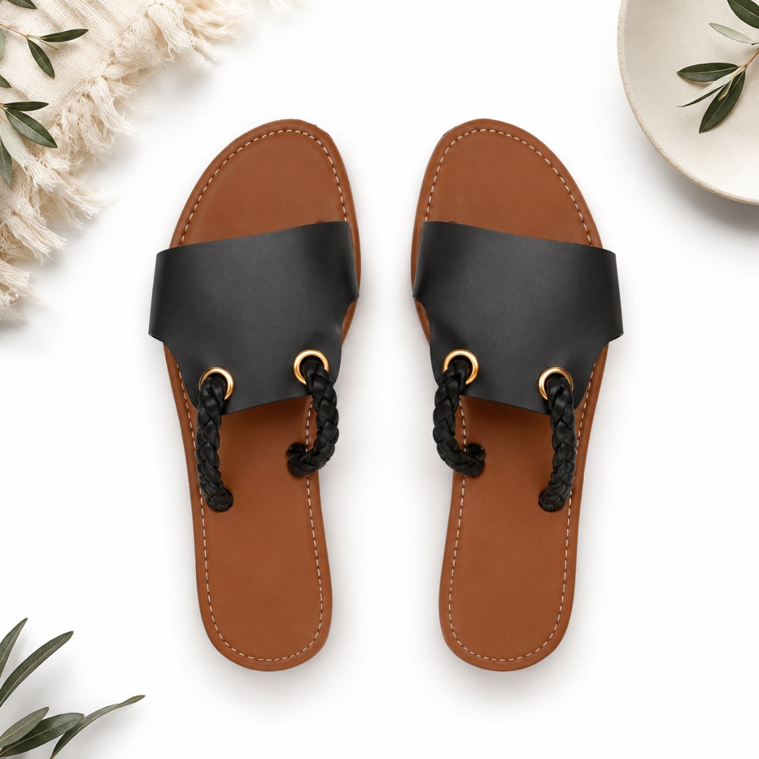 Luxury Black Braided Strap Flat Sandals   for Women