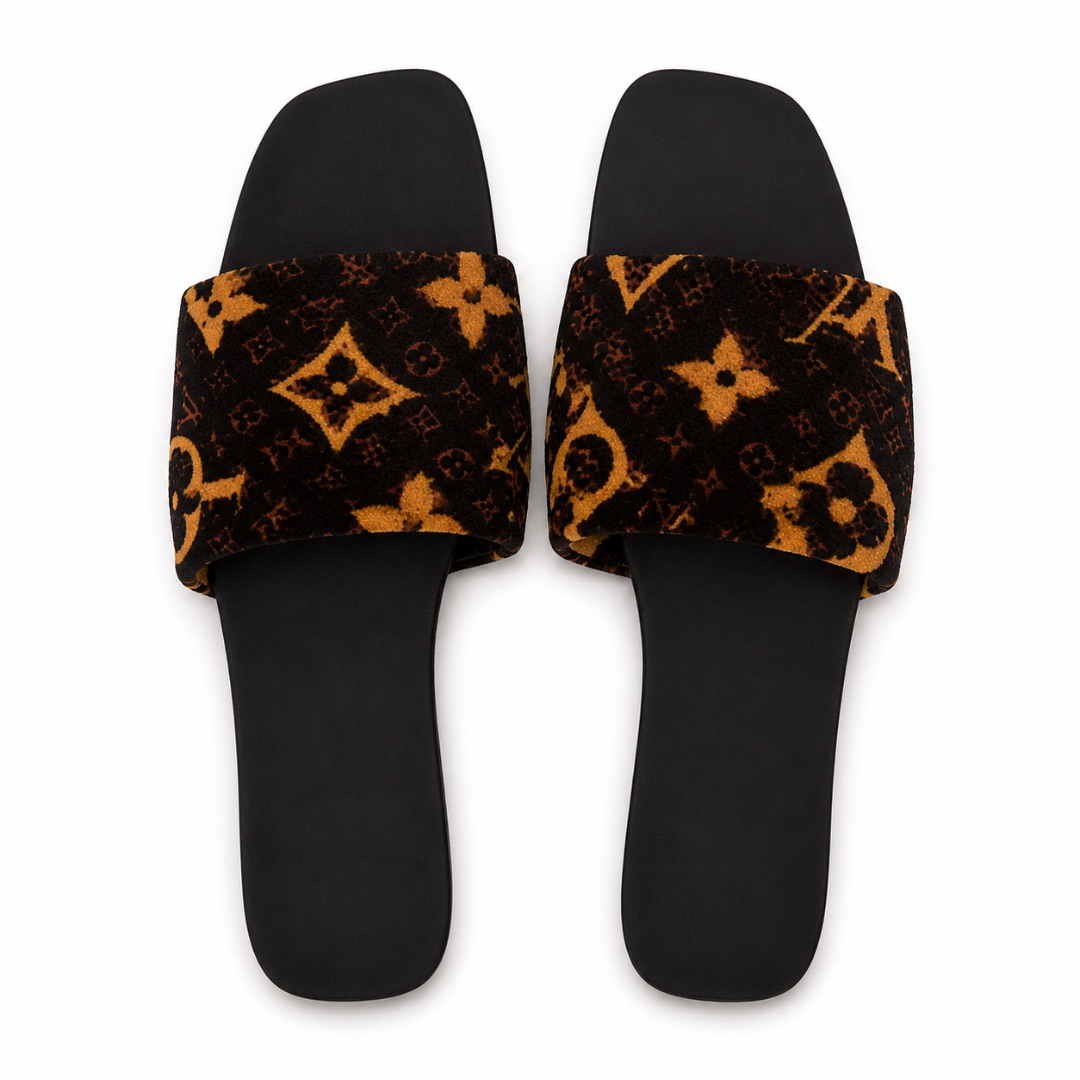 Luxury Black and Brown Velvet Monogram Flat Slide Sandals   for Women