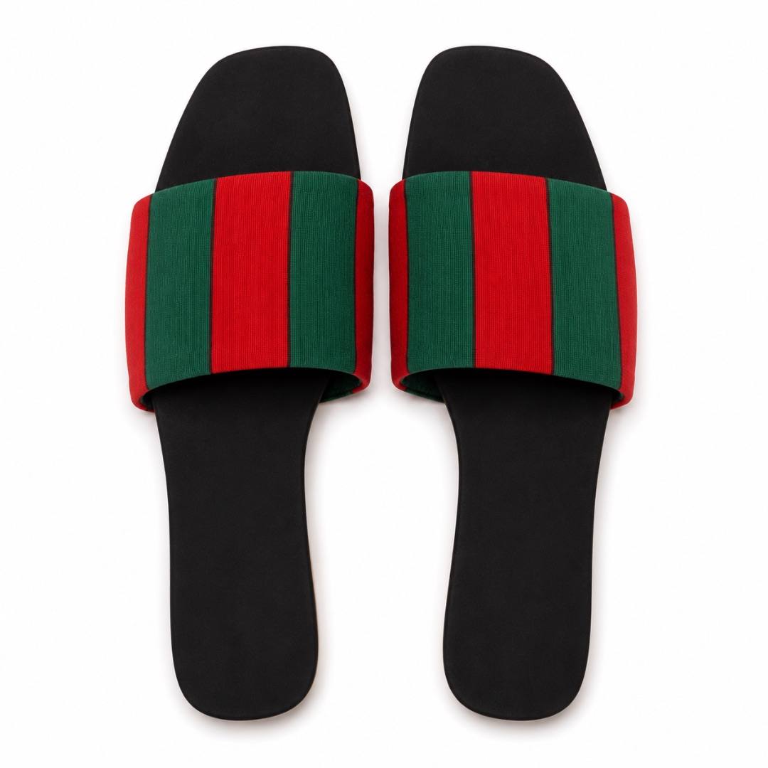 Luxury Black Red and Green Stripe Flat Slide Sandals   for Women