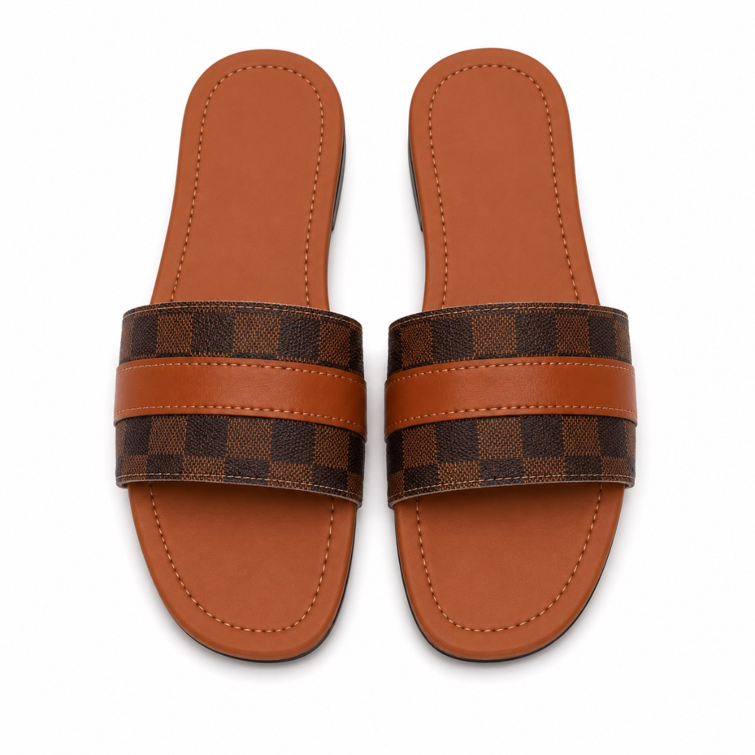 Luxury Brown Checkered Flat Slide Sandals   for Women