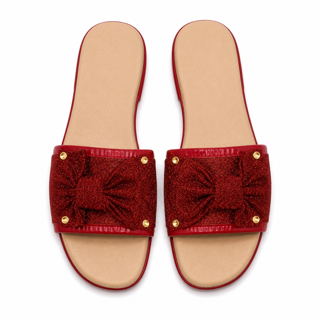 Luxury Red Glitter Bow Flat Slide Sandals   for Women